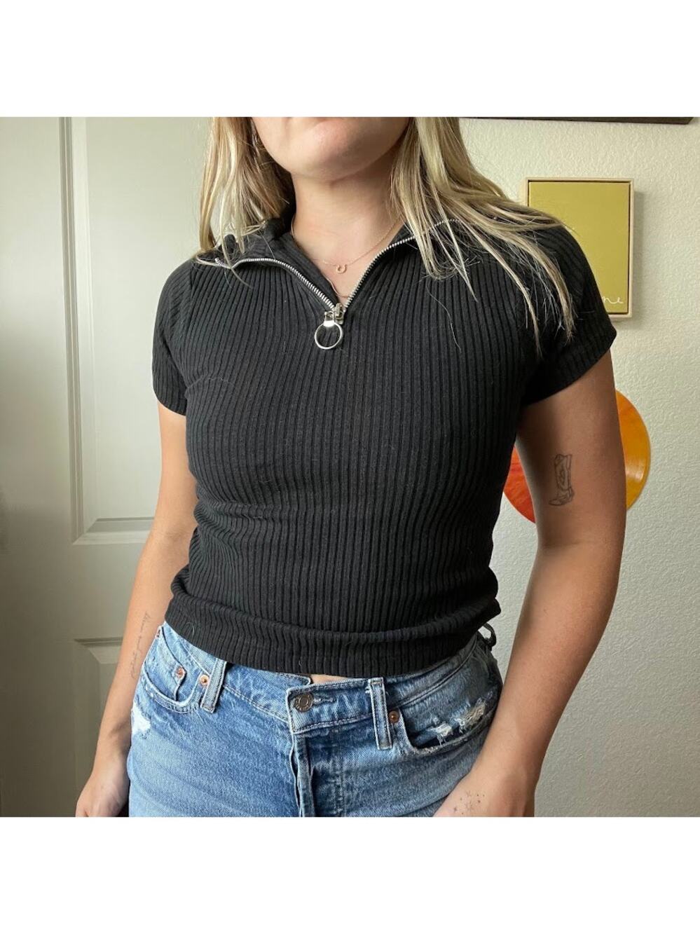 Vintage 90s Y2K Color Circuit Black Ribbed Collared 1/4 Zip Baby T Sz XS